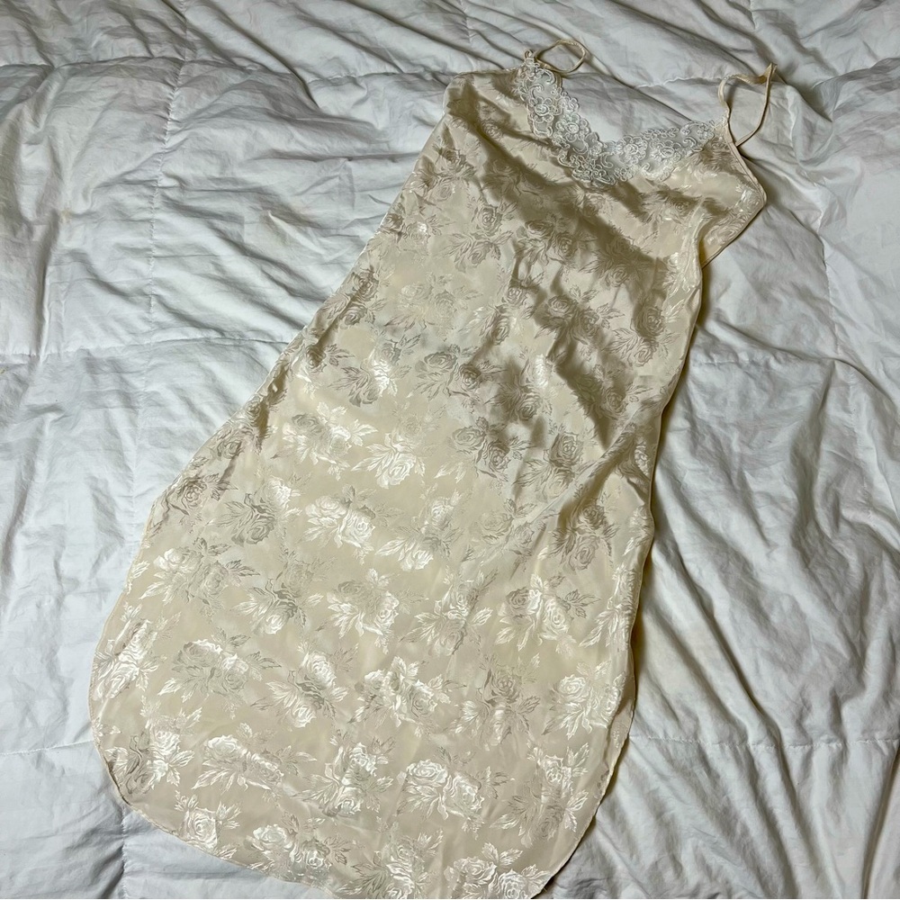 Vintage Ivory Jacquard Slip Dress Floral Satin Lingerie Romantic Bias Cut